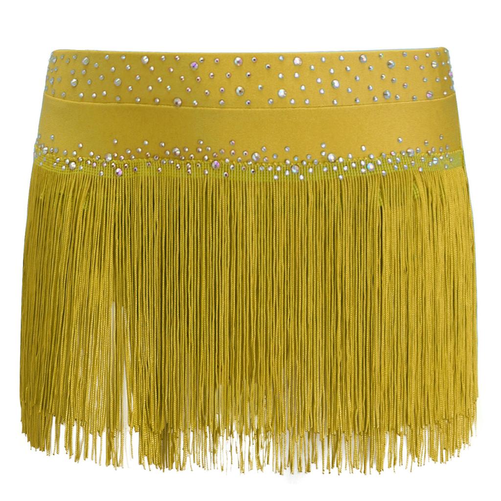 Fete Strălucitoare Strass Ciucure Fustă Scurtă Culoare Uni Dans Latin Scenă Performanță Îmbrăcăminte