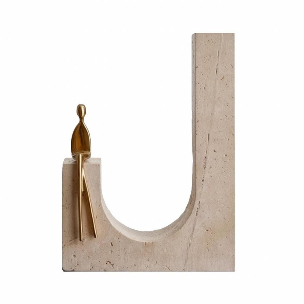 Abstract Geometric Sculptural Ornament Versatile Stone and Metal Tabletop Decor