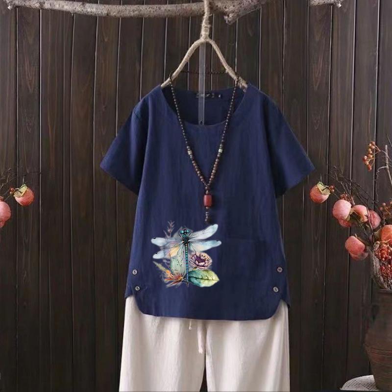 2025 Summer European Style Dragonfly Print V-neck Women's Casual T-shirt