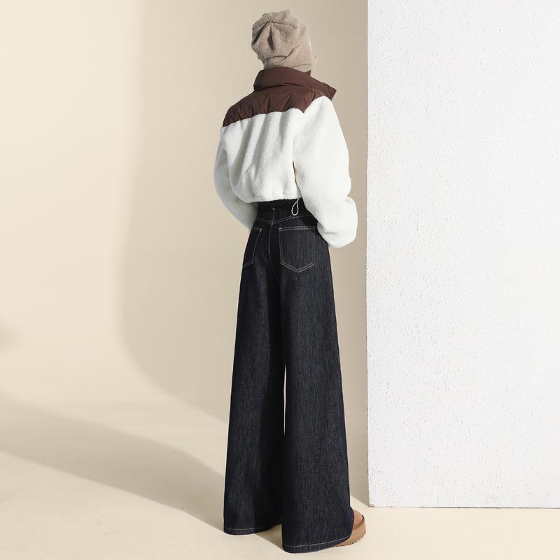 Women's Retro Dark Blue High-Waisted Fleece-Lined Wide-Leg Jeans for Autumn/Winter