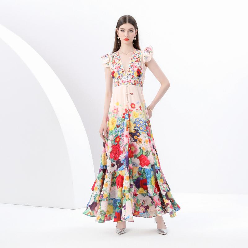 

Летние женские платья макси с глубоким V-образным вырезом, рукавами-крылышками, винтажным принтом, эластичной талией, для отдыха на пляже XXL бежевый