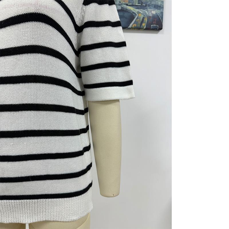 Frühling/Sommer Neue Damen-Pullover mit Knöpfen und Streifen, modisch, Rundhalsausschnitt, kurzärmelige Damen-Strickwaren
