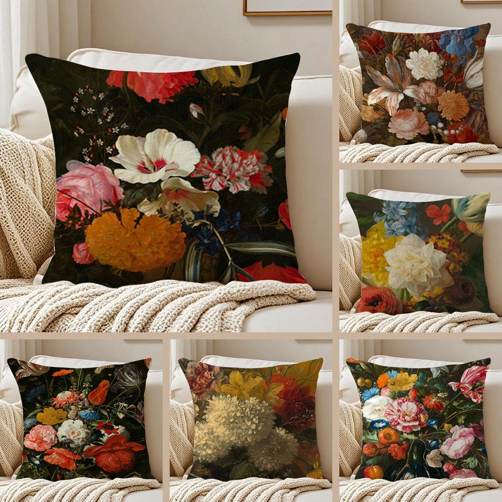 Beautiful Oil Painting Flowers Cushion Cover Pillowcase Anti-Dustmite Living Room Sofa Decor Cushion Room
