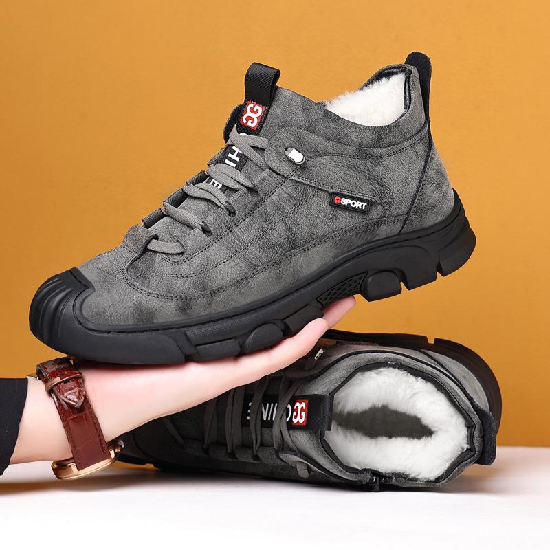 Winter new men's thickened wool high-top leather boots inner height increase soft leather cotton shoes velvet warm outdoor dad shoes