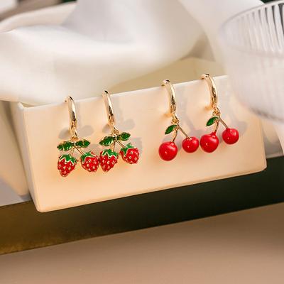 Deliziosi orecchini pendenti a forma di fiore di fragola rossa per donna, orecchini a forma di foglie verdi e frutta dolce, accessori per gioielli da ragazza