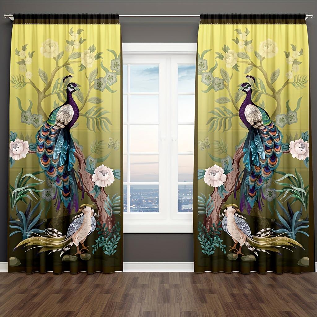 

2 шт. Занавески в стиле бохо-шик с принтом павлиньих перьев, прочный полиэстер для декора гостиной, спальни, оконные жалюзи кортины Бесплатная доставка (W50cmxH130cm)x2&Grommet Top