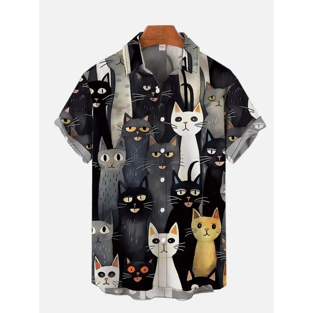 Men'S Cute Cat Printed Casual Shirt Daily Wear 3D Printing Classic Short Sleeve Fashion Hawaiian Shirts for Women Hrajuku