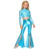 Girls Long Sleeve Sequin Metallic Crop Top Split Bell Bottom Shiny Pants Dance Performance Outfit