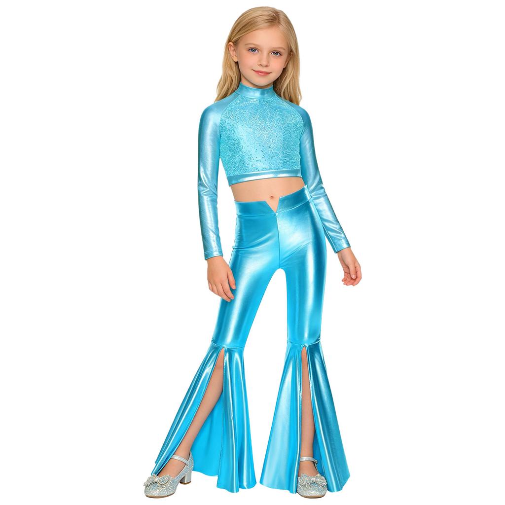 Girls Long Sleeve Sequin Metallic Crop Top Split Bell Bottom Shiny Pants Dance Performance Outfit