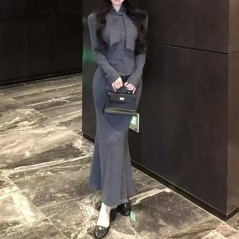 

Classic Elegant Women s Two-Piece Set: Flowing Collar Tie Top + Skirt Large