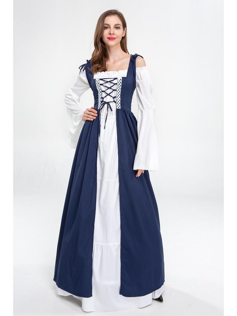European and American Vintage Medieval Renaissance Square Neck Lace-Up Corset Halloween Costume Dress