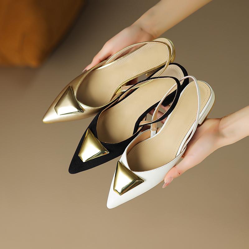 Mode NEU Sommer Damen Sandalen Zehenbedeckt Slingback Schuh Spaltleder Schuhe für Damen Spitzschuh Niedriger Absatz Schuhe Metall Schnalle Pantoletten