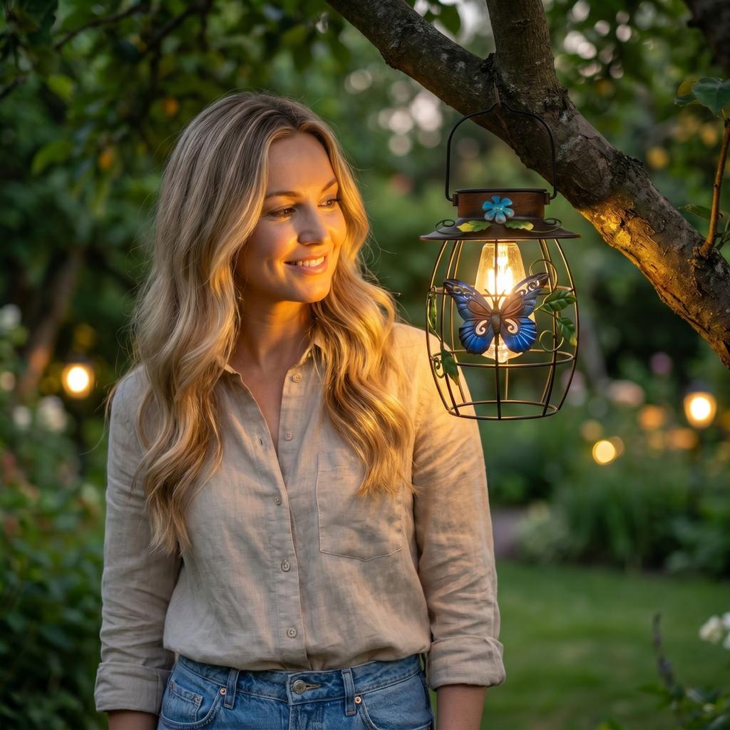 Solar Powered Outdoor Garden Lantern with Decorative Butterfly and Leaf Metal Frame Hanging Light for Patio Yard Pathway Lighting