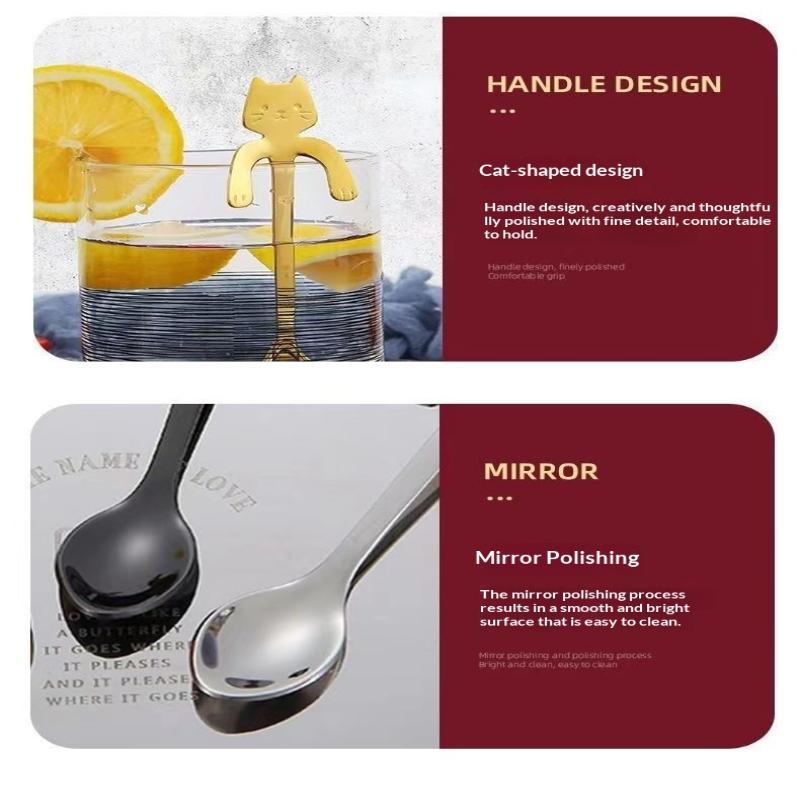 Stainless Steel Cute Cat Hanging Spoons Smooth Edge Lovely Design Fit For Coffee Tea Dessert Home Use