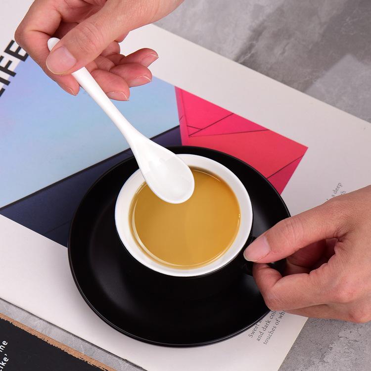 Pure White Ceramic Long Handle Spoon for Coffee, Seasoning, and Condiments