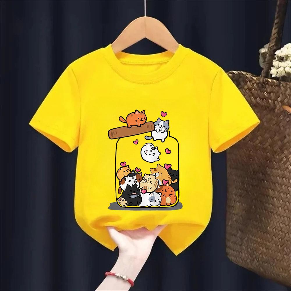 Fashion Funny Cat T Shirt Kids Letter Print Short Sleeve Round Neck Boys Girls Casual Summer Breathable Tshirt