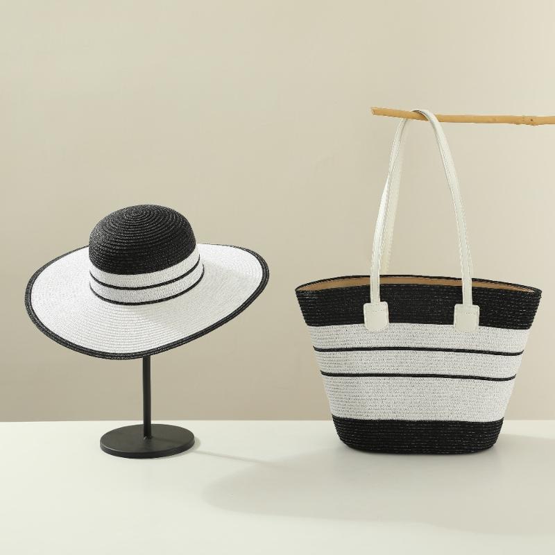 Straw Hat Tote Bag Set Adjustable Wide Brim Sun Hat Sturdy Woven Handbag 2Pcs for Women Outdoor Summer Activities