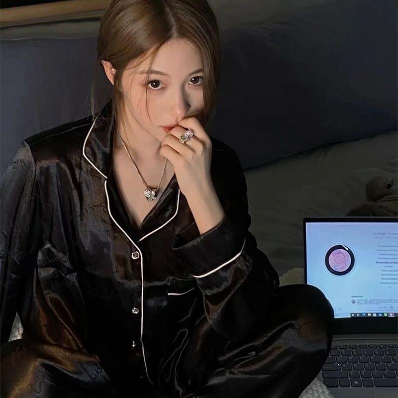 Conjunto de 2 peças Pijama Maternidade Primavera Verão Francês Mulheres Temperamento Seda Gelo Seção Fina Roupa de Casa Moda Sólida Roupa de Descanso