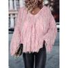 Women's Long Sleeve V-Neck Tassel Sweater, Fashionable Casual Pullover