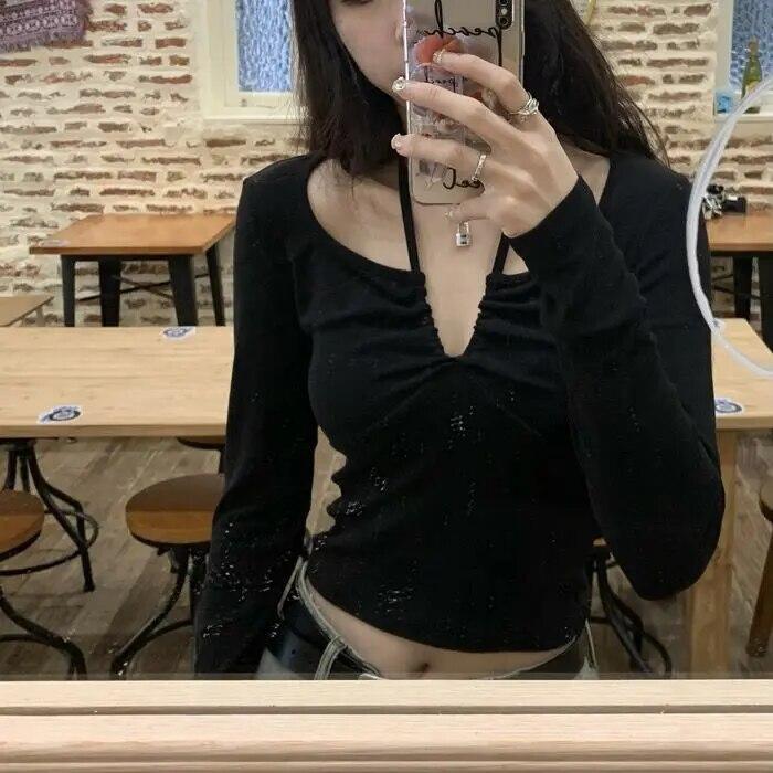 VAYLA Korean Sexy T Shirt Women Vintage Streetwear Solid Bandage Top Harajuku Fairycore Shirts Long Sleeve Tees
