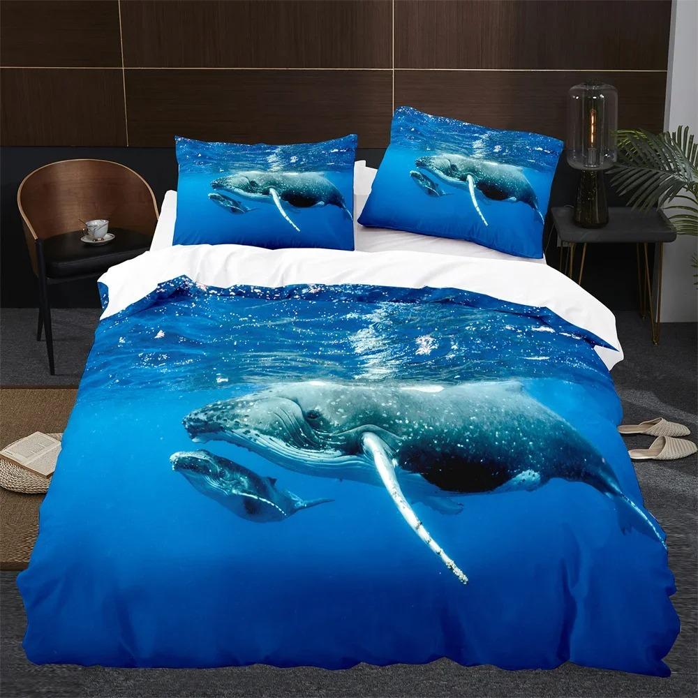 Cartoon Whale Duvet Cover King Queen Cute Ocean Animal Bedding Set for Kids Teens Adults Wildlife 2/3pcs Polyester Quilt Cover