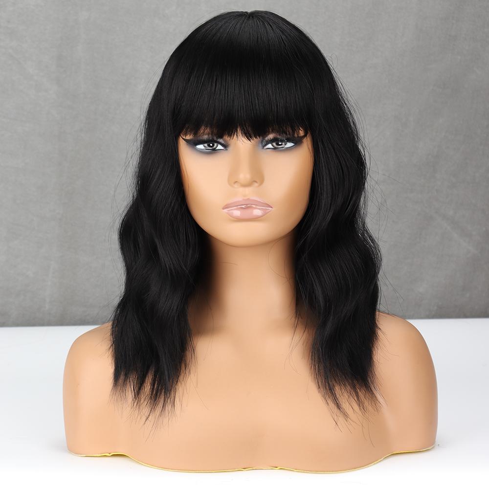 MISS WIG Hellblonde Perücke aus Kunstfaser mit natürlichen Wellen und Pony, für den Alltag, Cosplay, reine Farbe, Blond, Grau, Schwarz, Braun, gewellte Perücke