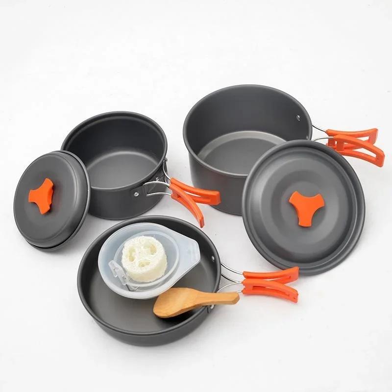 

Набор для кемпинга на открытом воздухе Набор кастрюли и чайника Комбинация столовой посуды для еды Портативная комбинация посуды для пикника Инструменты для пеших походов, пикника и барбекю оранжевый