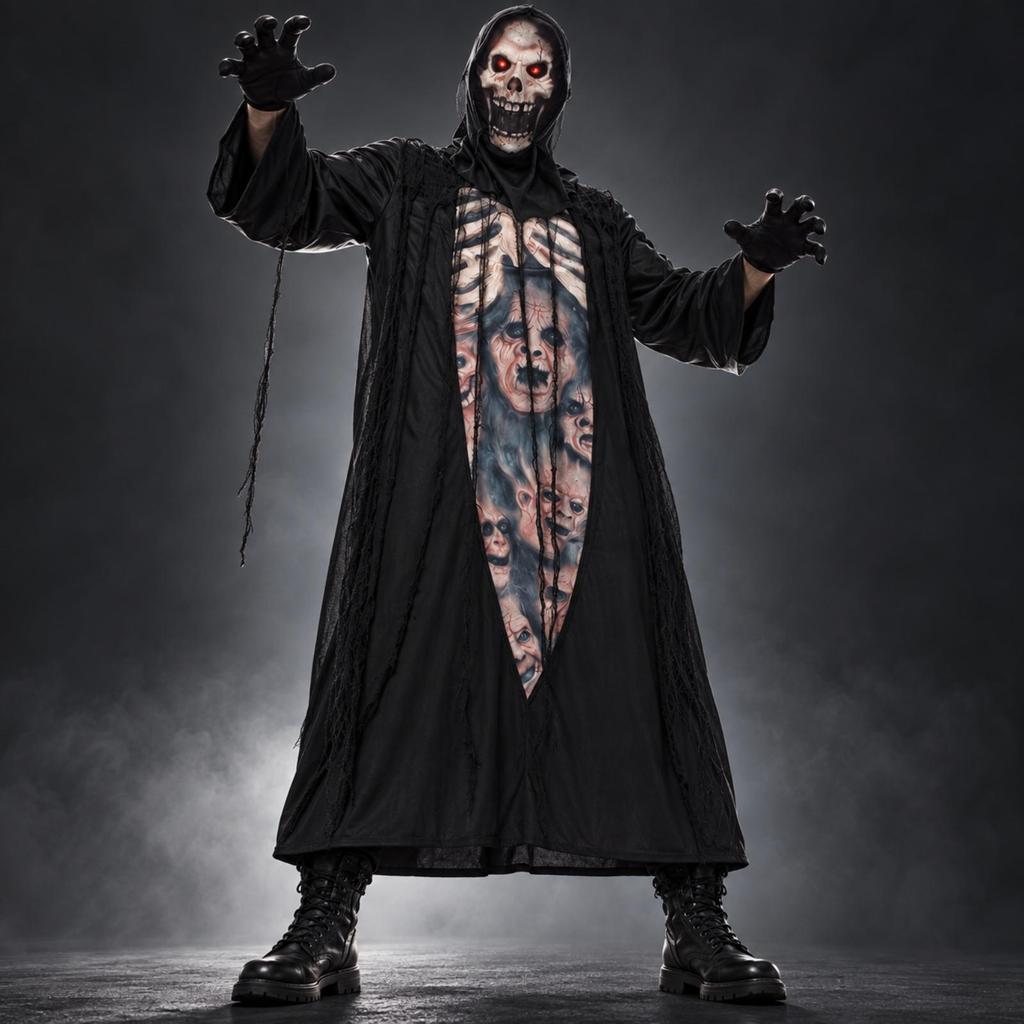 Tattered Skeleton Robe Costume Full-Length Skeletal Print Halloween