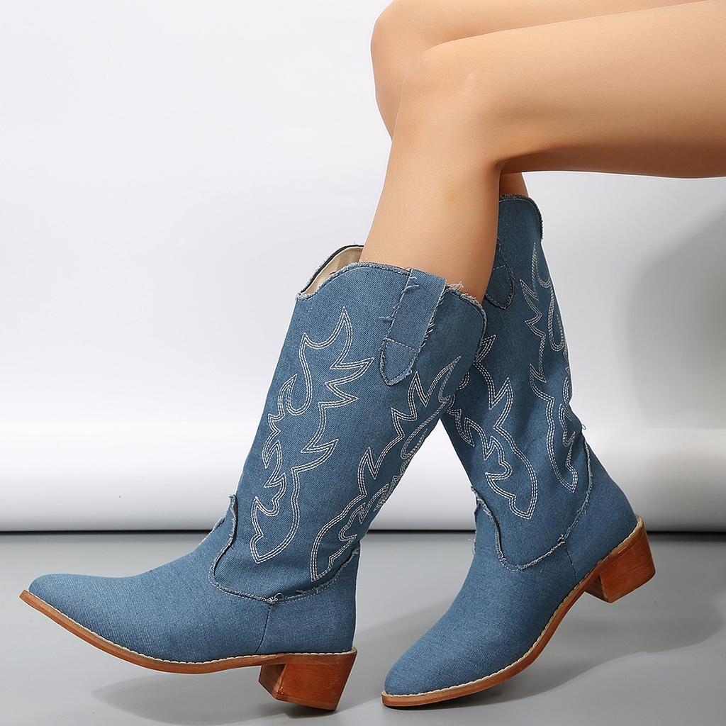 New Embroider Western Cowboy Boots for Women Knee High Boots Winter Shoes Wedge Heels Footwear Luxury Shoes Large Size