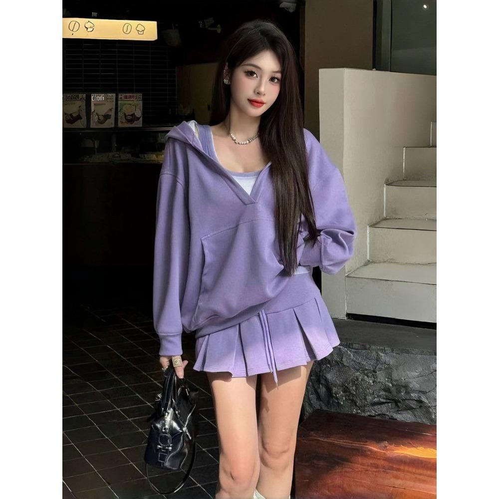 With Hat Hoodies Women Korean Fashion Pullover Solid Simple Leisure All-match High Street Loose Harajuku College Prevalent Ins Women Suit