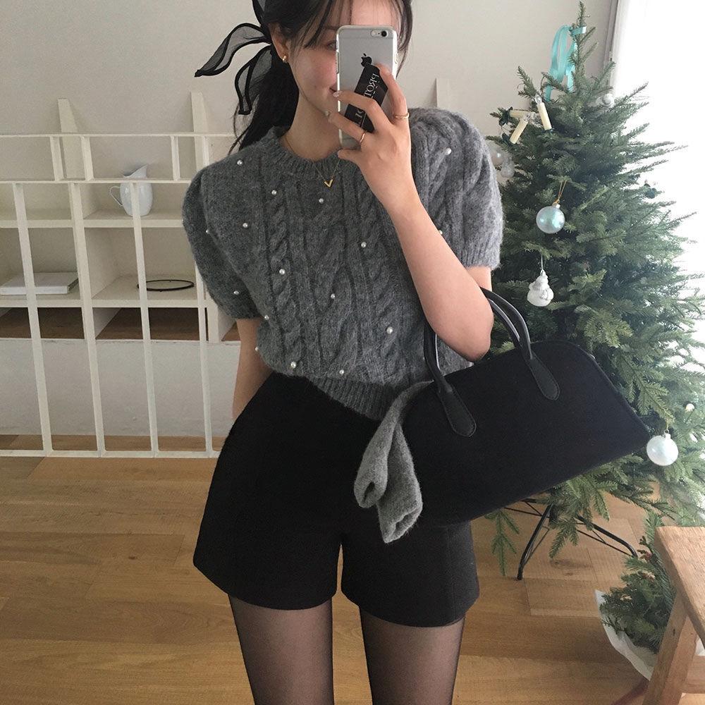 Women's Gray Retro Woolen Booty Shorts - Autumn/Winter Casual Straight Wide Leg Pants