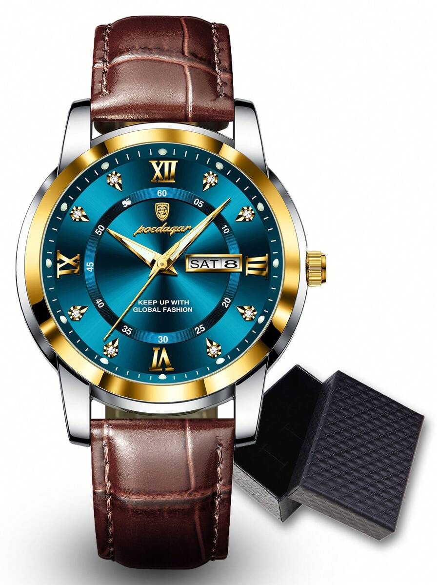 POEDAGAR 1pc Men s Stainless Steel Quartz Dual Calendar Business Waterproof Luminous Watch,Gift For Men L золотой/синий