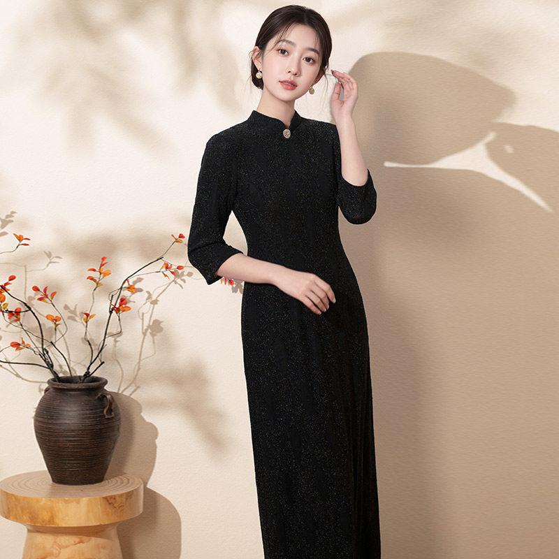 Black national style new Chinese long-sleeved improved cheongsam new women's high-end sense retro slim spring and autumn clothing