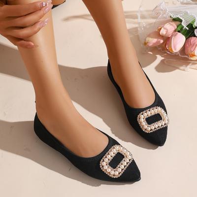 Mode Rauleder Einzelne Schuhe Damen Spitzschuh Flach Schlupf Strass Perle Quadratische Schnalle Weiche Sohle Bequeme Vielseitige Ballerinas