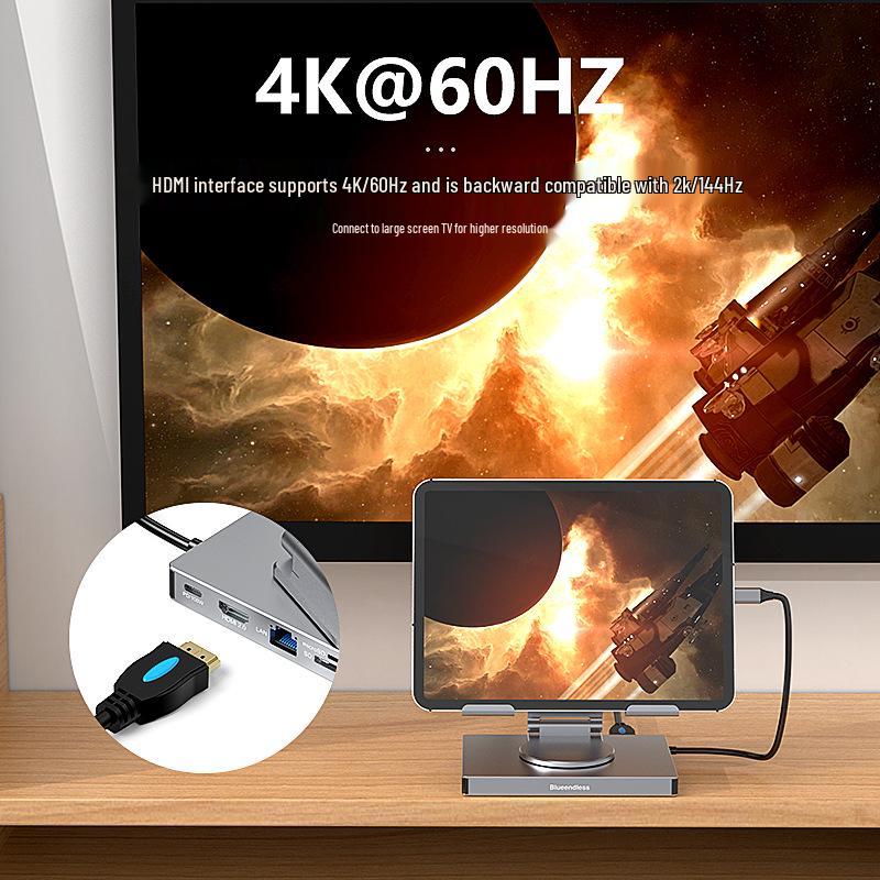 4K60Hz USB-C Docking Station with Gigabit Ethernet, USB 3.2 Splitter, Rotating Mobile/Tablet Bracket Expansion Dock