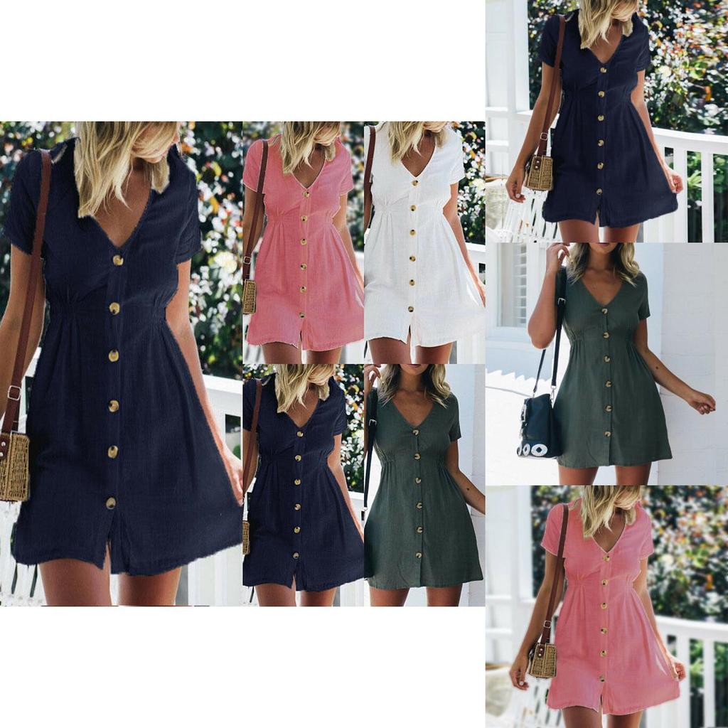 Stylish Women Button Down V Neck Mini Tea Dress In Soft Comfortable Fabric Perfect For Summer Days