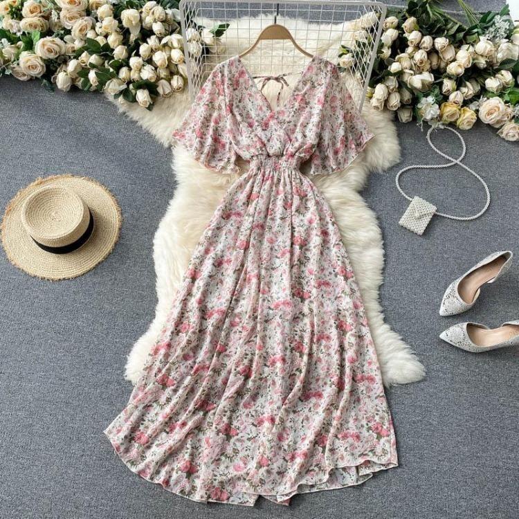 Women Summer Floral V Neck Long Dress High Waist Ruched A Line Short Sleeve