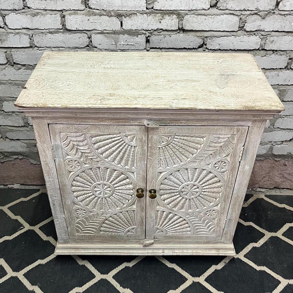 Hand-Carved Wooden Cabinet Whitewashed Storage Sideboard with Floral Mandala Design Bedside Indian Accent Furniture, Nightstand Self
