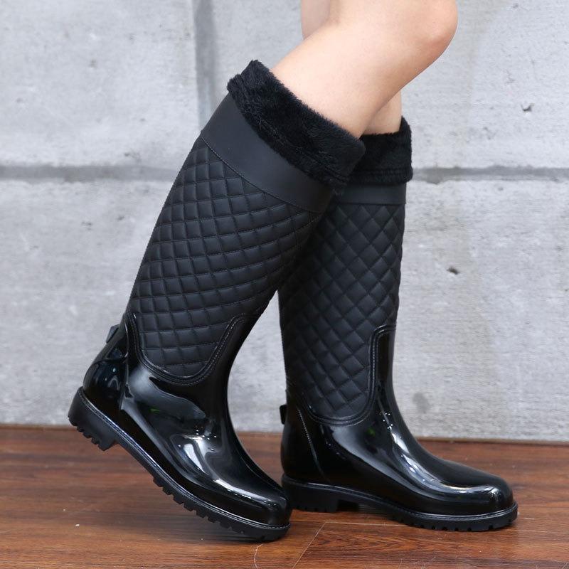 Fashion women's rain shoes autumn and winter high tube water shoes rhombus plaid rain boots thermal rubber shoes