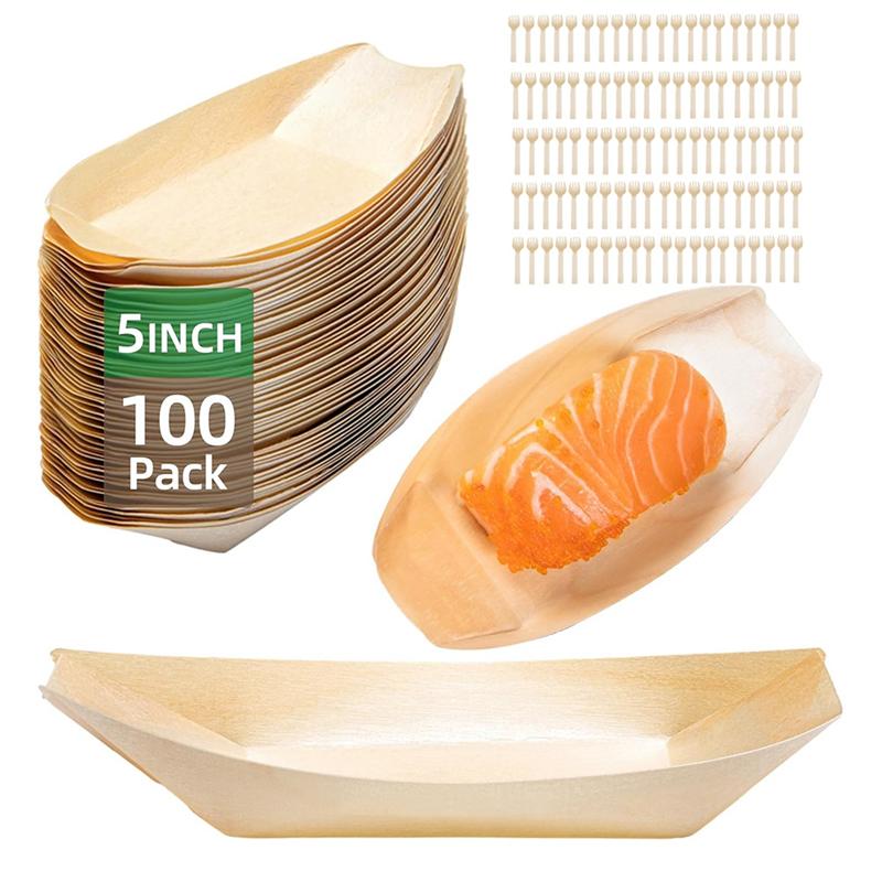 B97A-100 Set Wooden Disposable Food Trays Dessert Plates Boat Plates Food Boats Disposable Plates