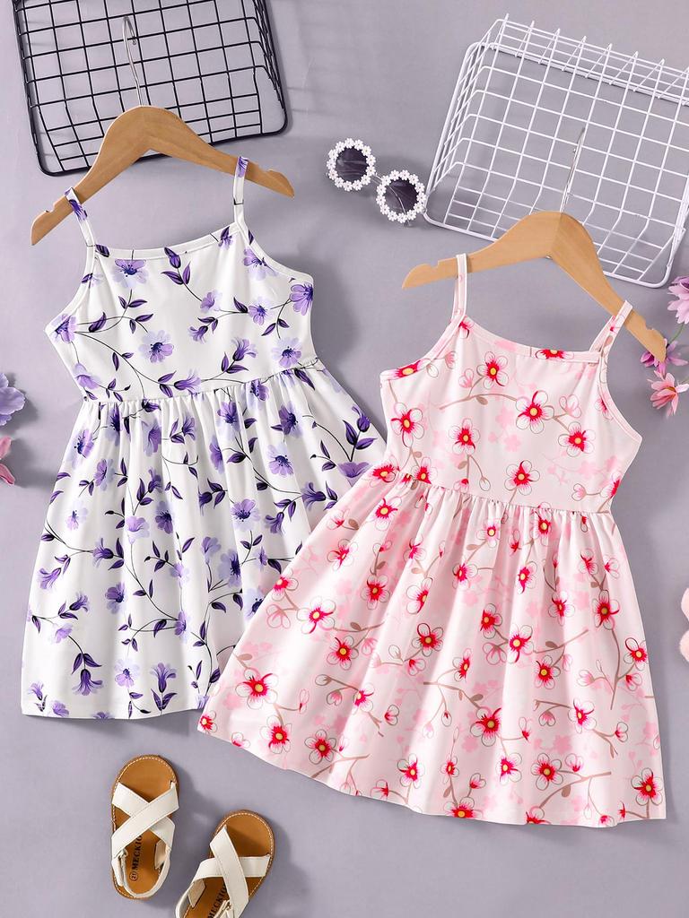 2-Piece Set: Girls' Casual/Preppy/Vacation Style Camisole Dress with All-Over Botanical Floral Print (Spring/Summer)
