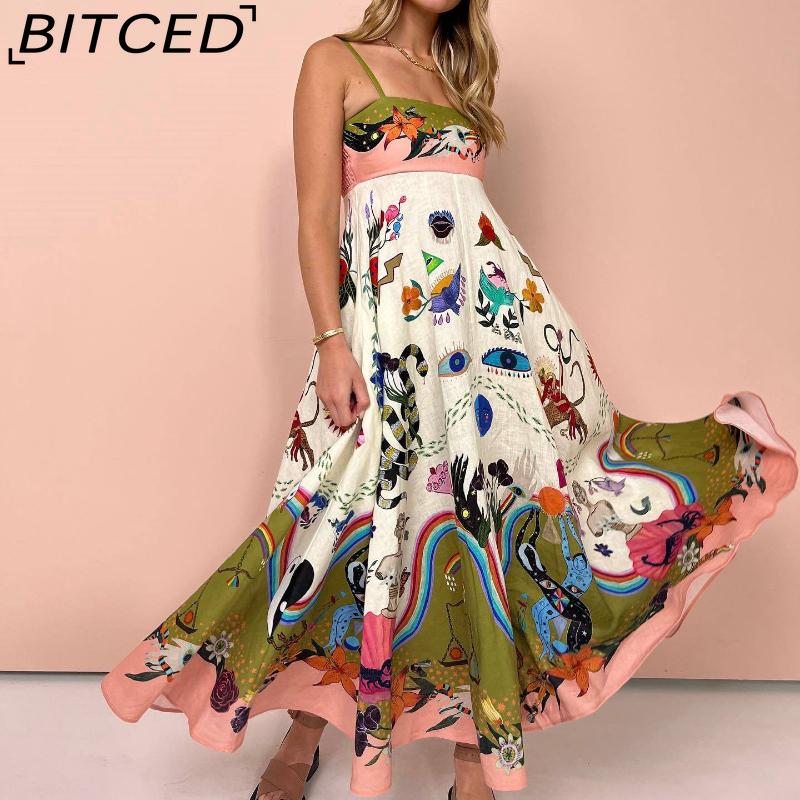 BITCED Spring/Summer Casual Maxi Dress for Women Spaghetti Strap Printed Linen 9 Colors Full-Skirted Dress