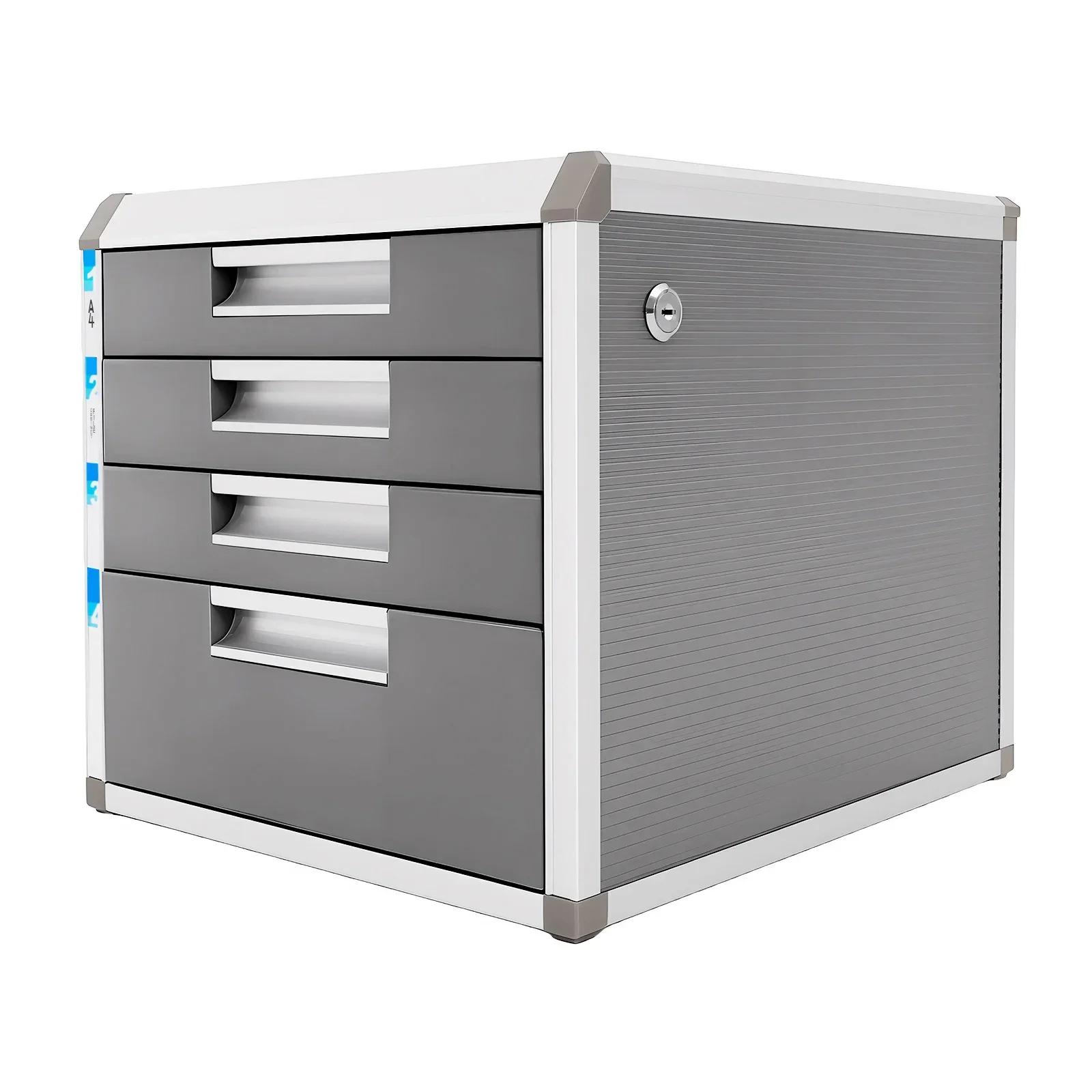

BYMAOCAR 4 Compartments Office Drawer Box, Aluminium Document Storage Box, Organiser Office for A4 Documents, Lockable, Silver серый