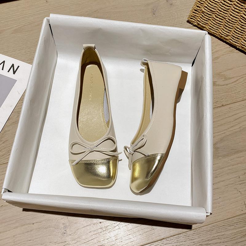 Leather single shoes women's flat shoes rhinestone buckle square head night breeze gentle shoes soft leather soft sole comfortable sheepskin grandm