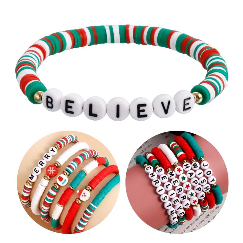 Christmas Beaded Bangle Festive Bohemian Colorful Bracelets 6/7Pcs Soft Clay Elastic Beaded Hand Chains Jewelry for Girl
