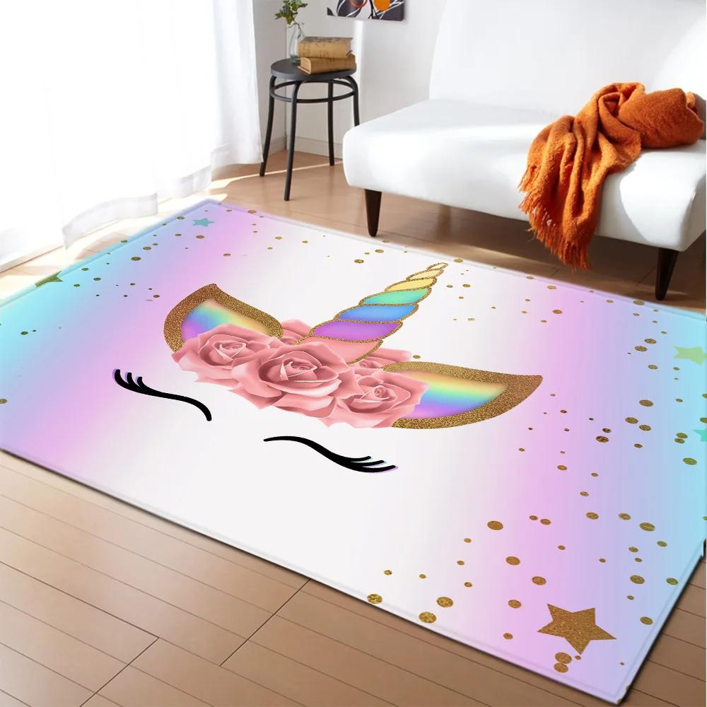 Kids Cartoon Unicorn Carpet Fantasy Animal Crawling Mat Doormat Living Room Area Rug Rainbow Shiny Girls Bedroom Soft Floor Mats