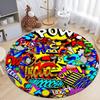Hip Pop Doodle Print Round Area Rug for Kids Bedroom  Anti Slip Washable Flannel Carpet for Home Living Room  Round Floor Mat