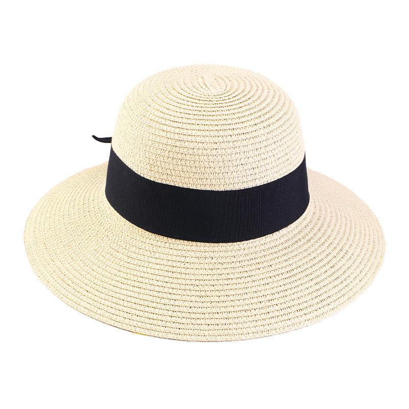 Women's summer sun-protective straw hat, beach grass pot hat, straw woven black bow, bucket hat factory JDPM-D
