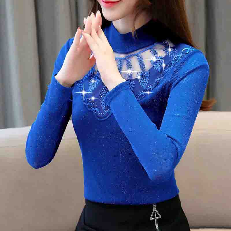 Spring Summer Lace Shirt Women's Wild Slim Bottoming Shirt Large Size Half High Collar Thin Diamond Top