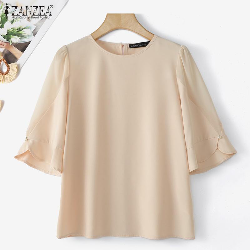 ZANZEA Dámská ležérní halenka s kulatým výstřihem, jednobarevná, letní, s 3/4 rukávem